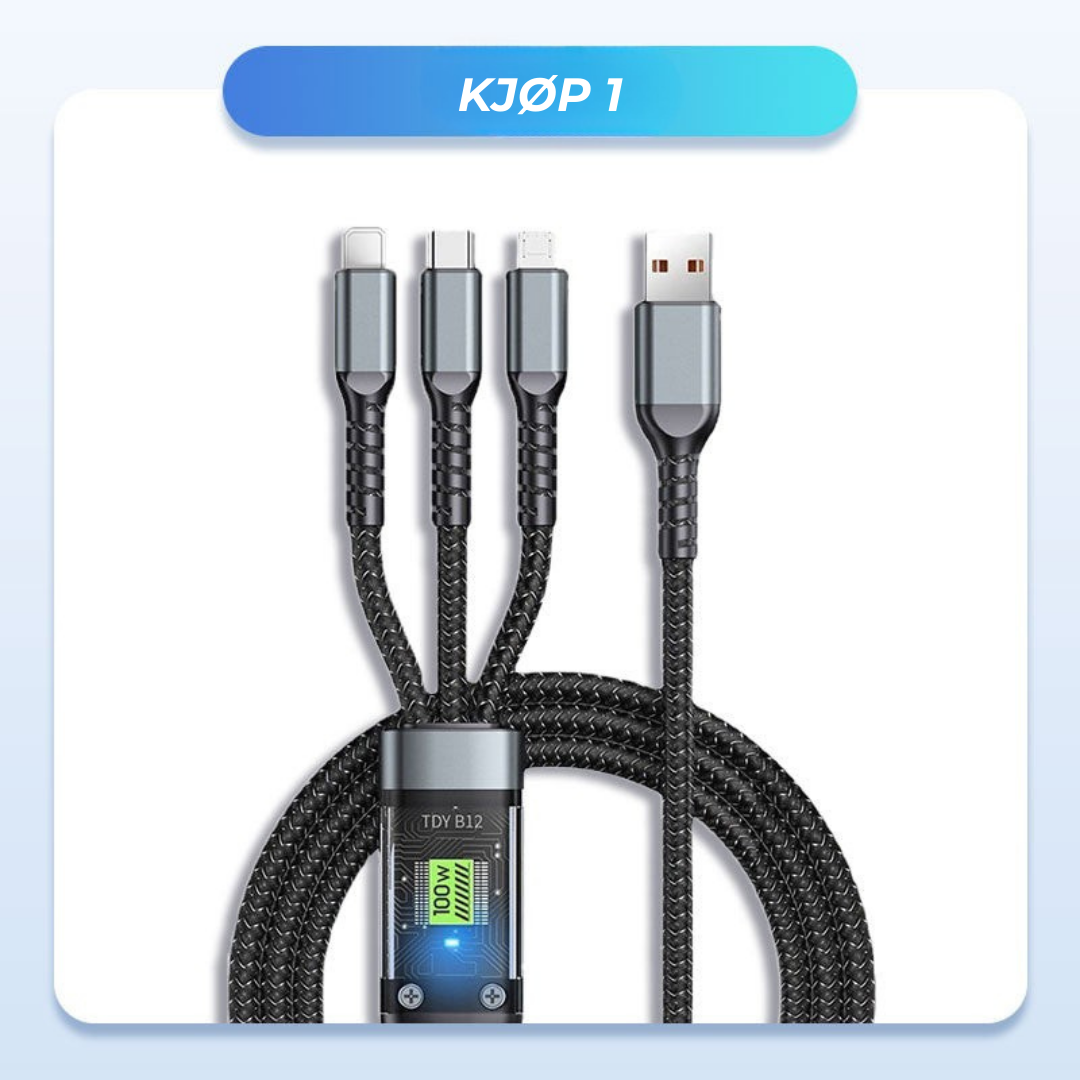 UltraLys 3-i-1 SuperHurtig Ladekabel | Si farvel til tomme batterier ✅