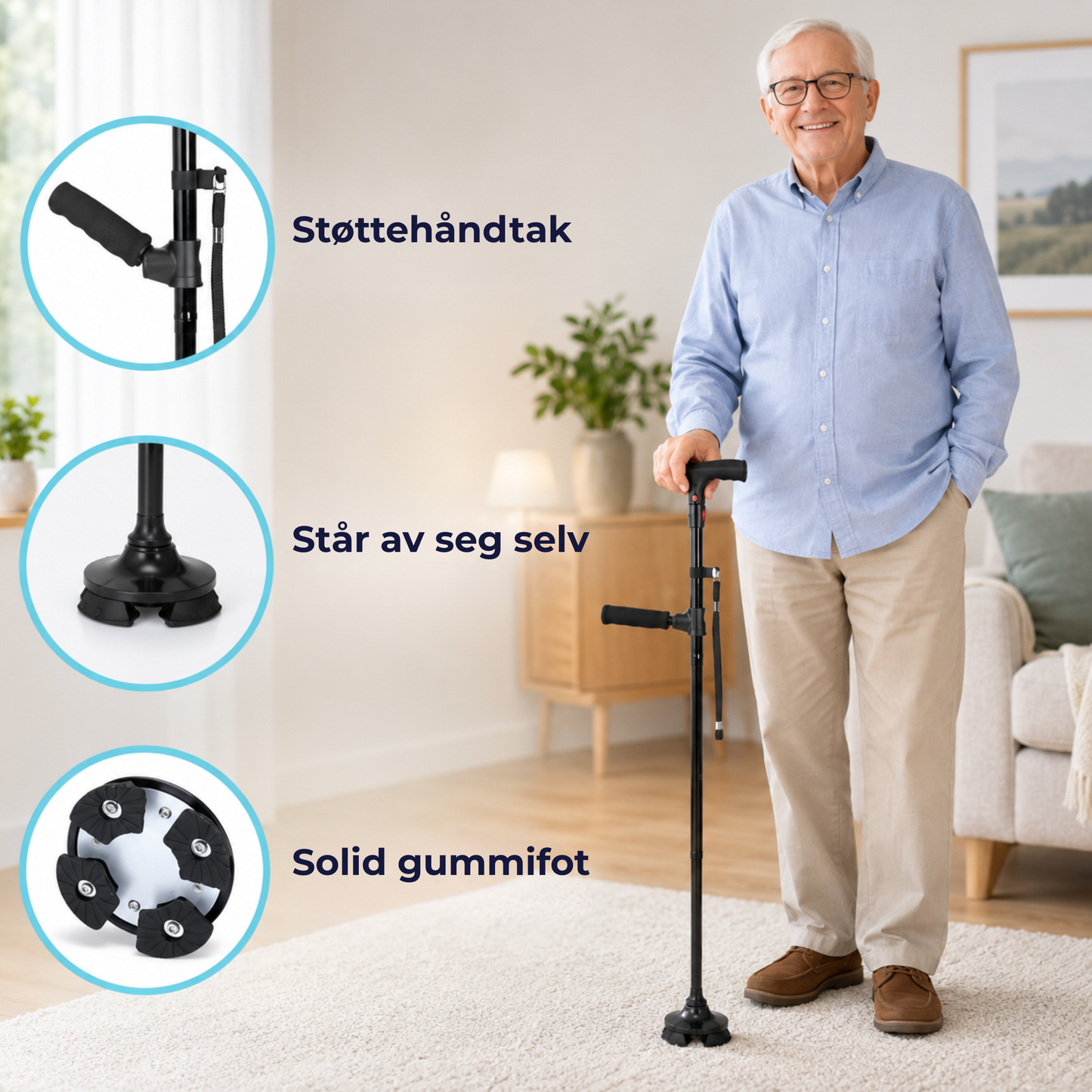 SeisomaApu™ | Sammenleggbar støttestokk med ekstra håndtak