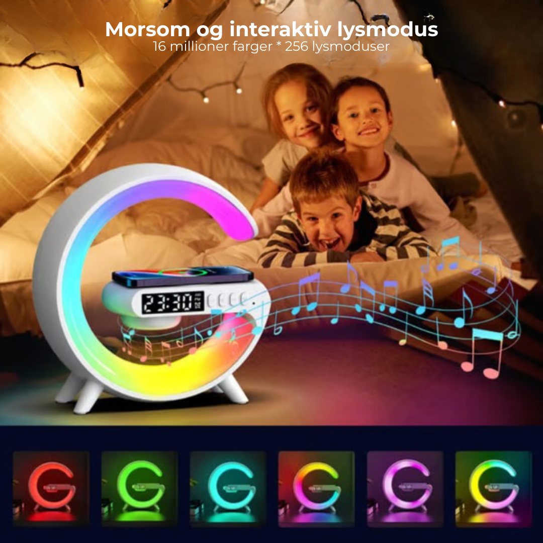 AudioGlow™ | Soloppgangsvekkeklokke, Bluetooth-høyttaler, trådløs lader, stemningsbelysning!