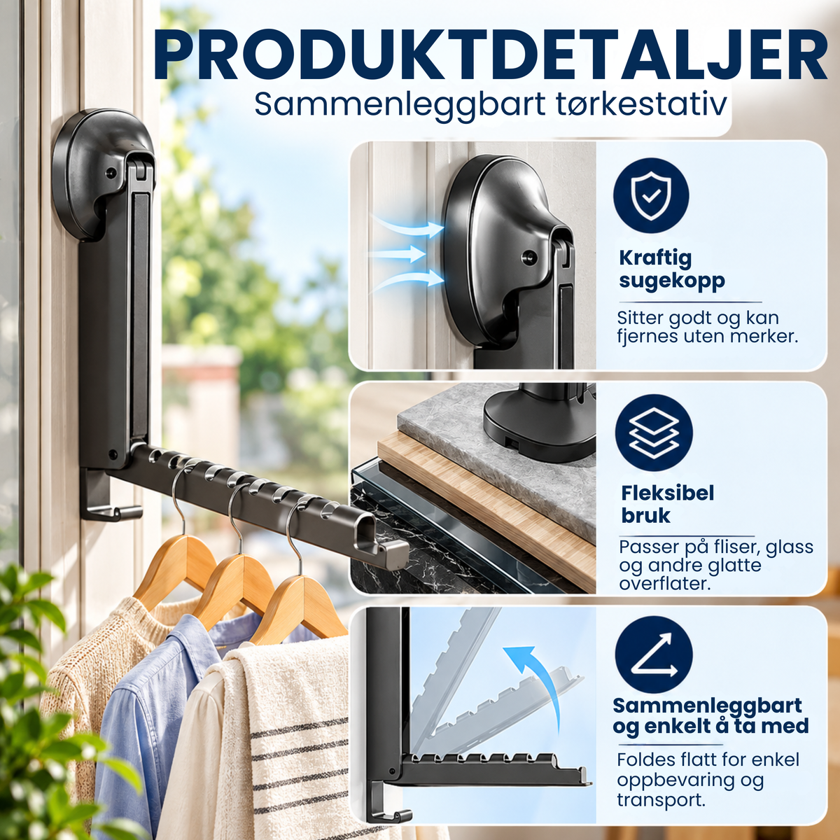 Foldio™ | Uttrekkbart sammenleggbart tørkestativ med sugekopper