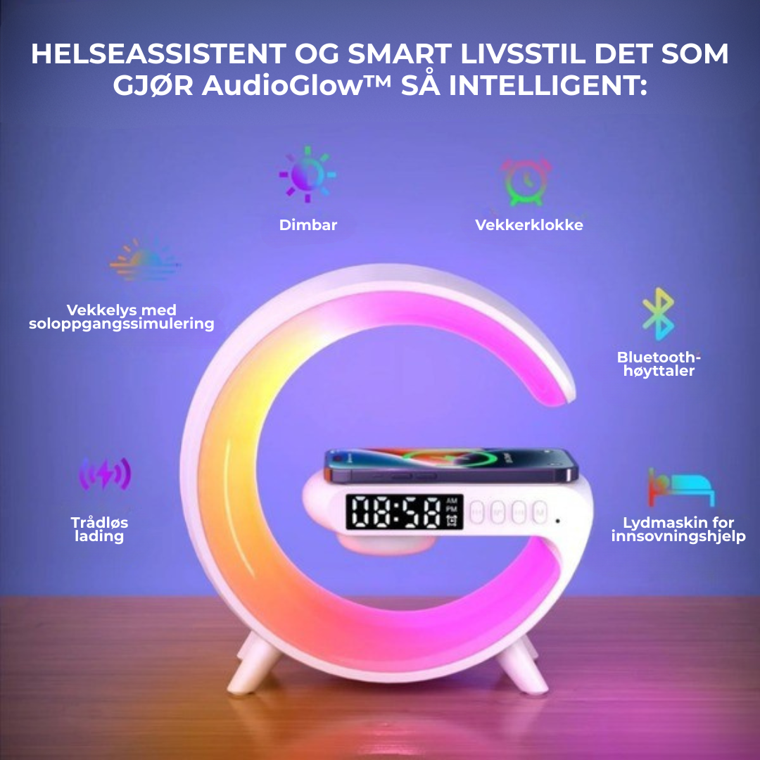 AudioGlow™ | Soloppgangsvekkeklokke, Bluetooth-høyttaler, trådløs lader, stemningsbelysning!