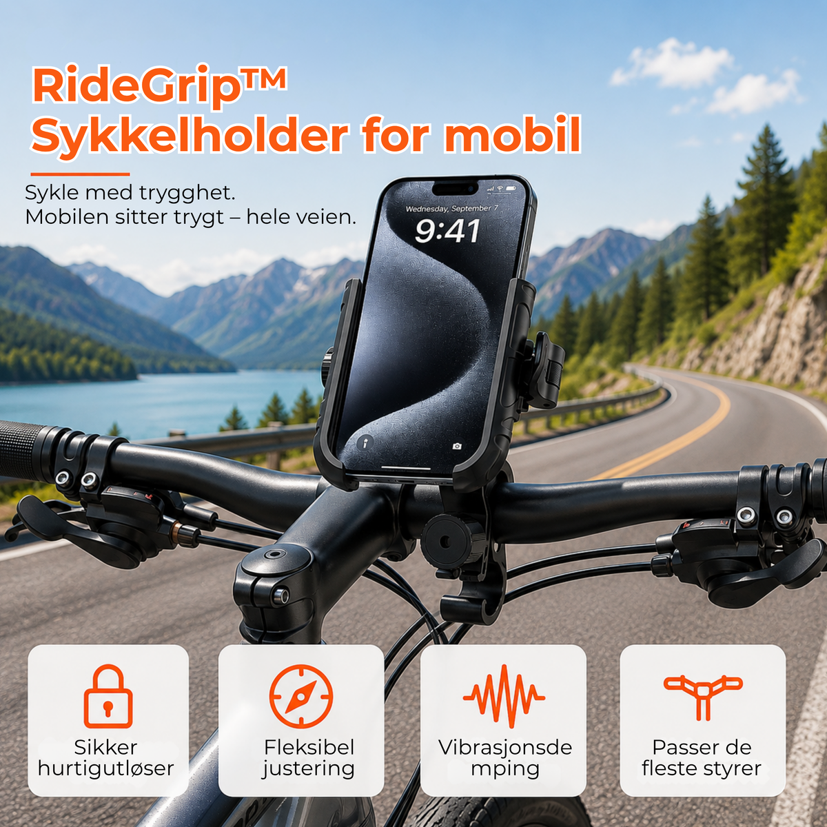 RideGrip™ | Mobilen sitter trygt – hele sykkelturen