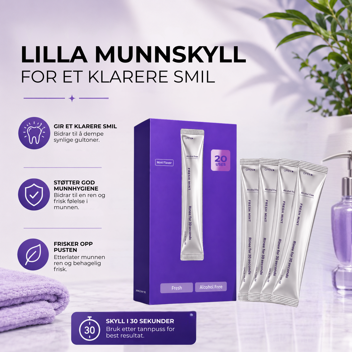 VioletSmile™ | Lilla munnskyll for et visuelt lysere smil på 30 sekunder
