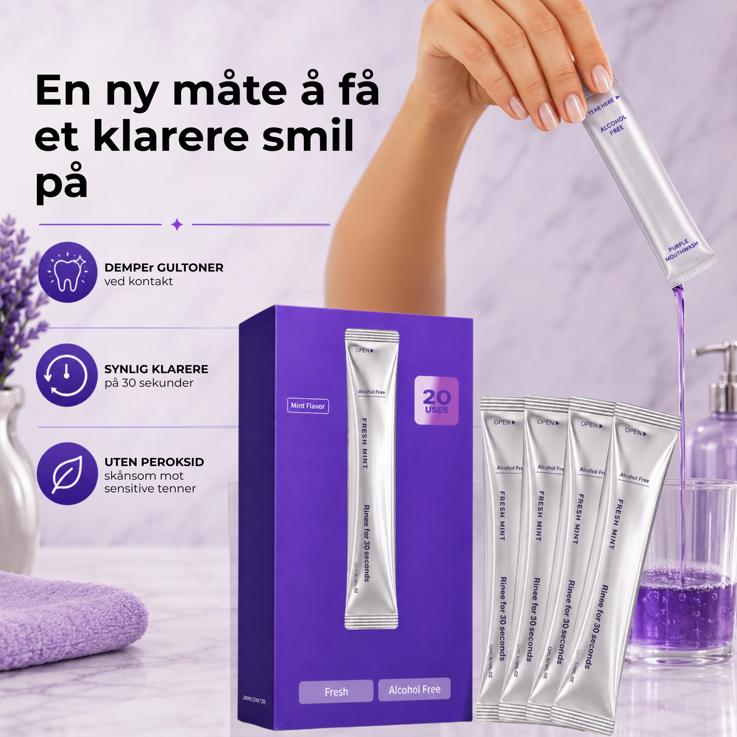 VioletSmile™ | Lilla munnskyll for et visuelt lysere smil på 30 sekunder
