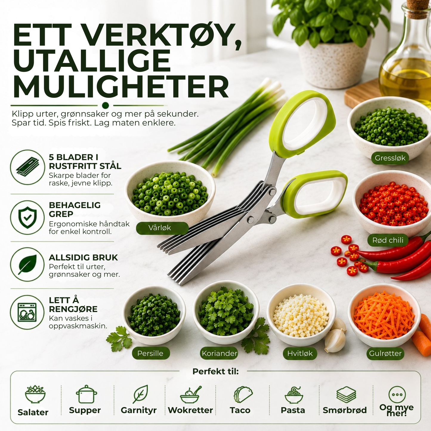 KrydderSaks™ | Urtesaks med 5 blader i rustfritt stål og beskyttelsesdeksel