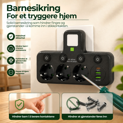 PowerHub™ | Flere stikkontakter og USB-lading på ett sted
