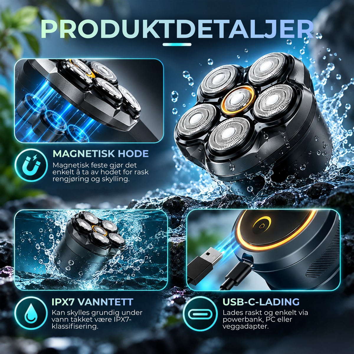 FlexHead Shaver™ | Jevn og enkel barbering av hele hodet med 6 fleksible barberhoder