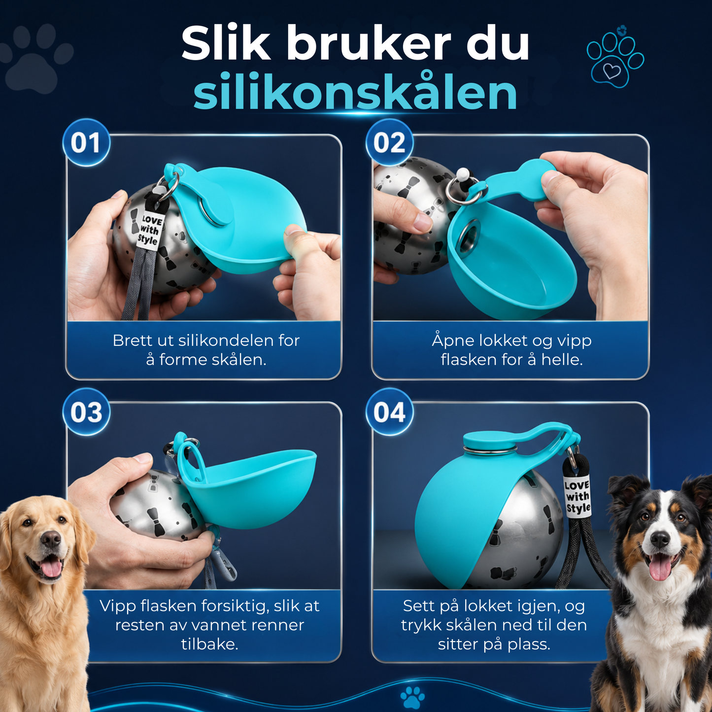 TurFlaske™ | 2-i-1 bærbar vannflaske med drikkeskål for hund i rustfritt stål