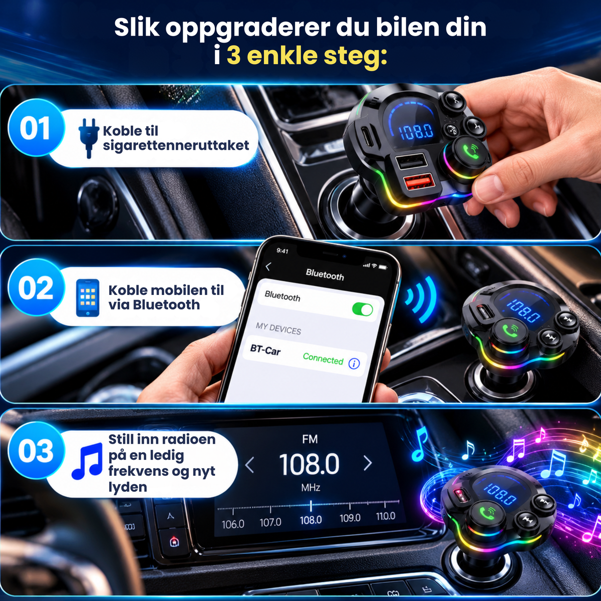 BilConnect™ | Gi bilen Bluetooth, musikk og lading på sekunder