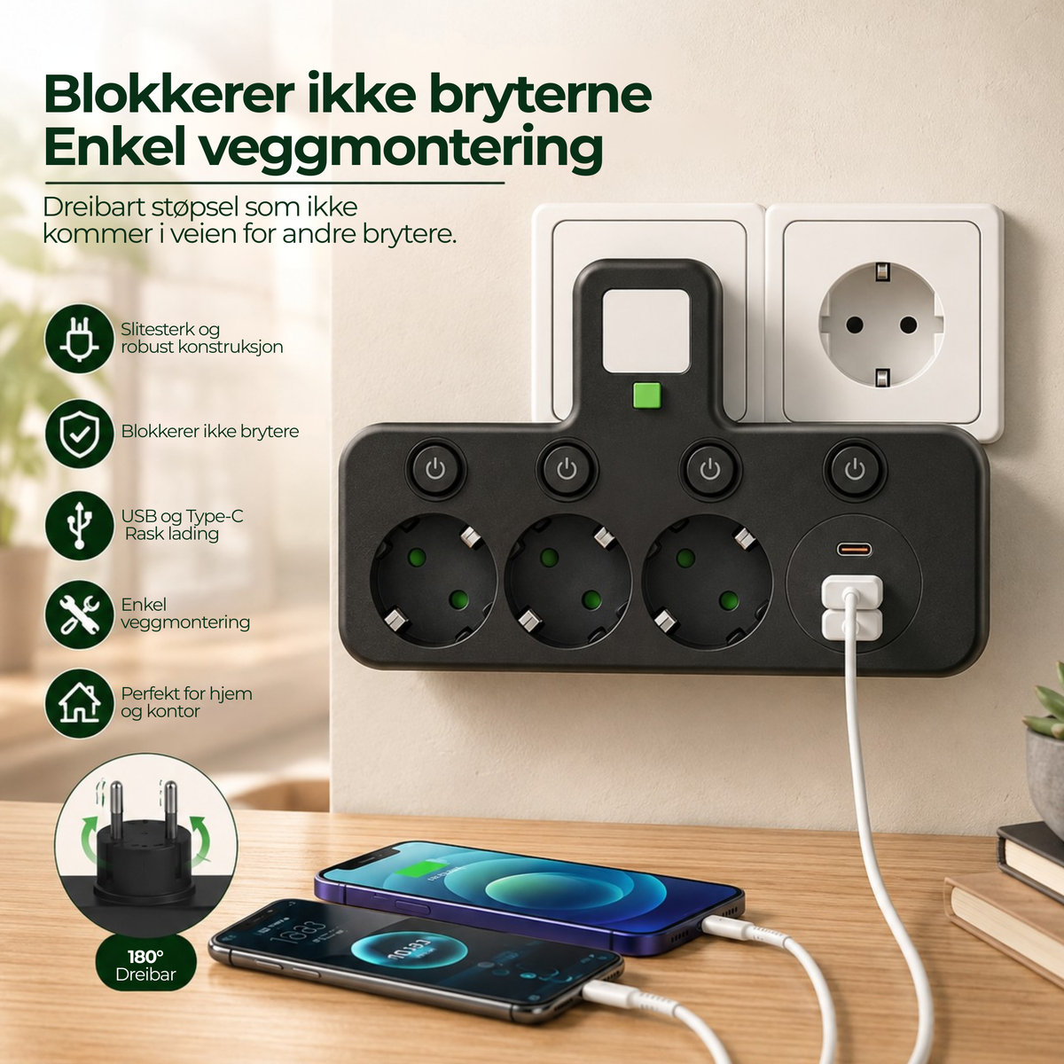 PowerHub™ | Flere stikkontakter og USB-lading på ett sted