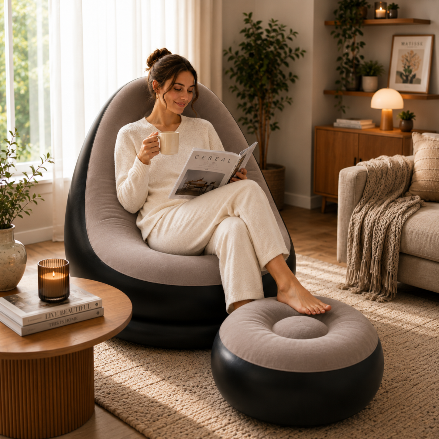 AirLounge™ | Bærbar, komfortabel og stilren oppblåsbar sofa med fotskammel