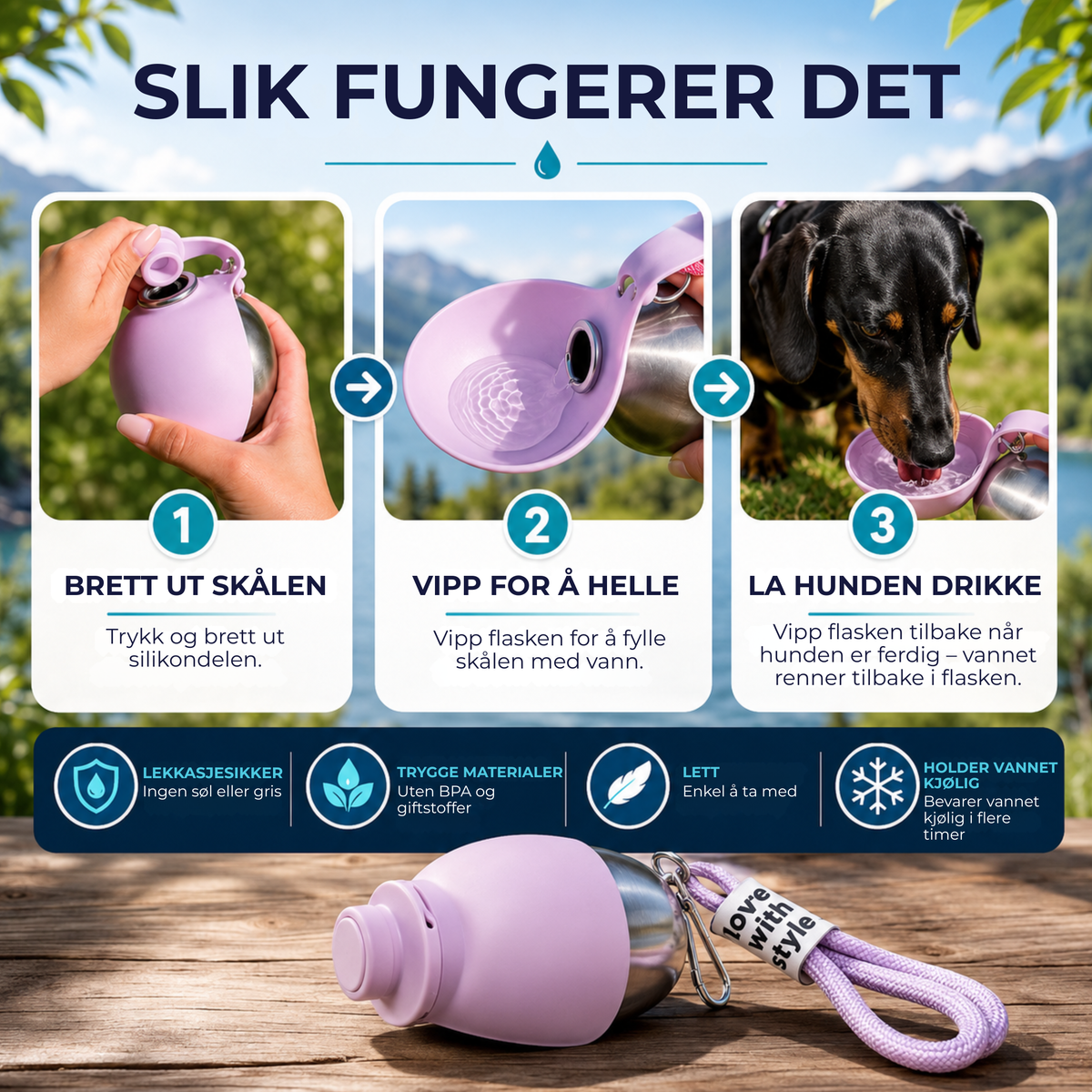 TurFlaske™ | 2-i-1 bærbar vannflaske med drikkeskål for hund i rustfritt stål