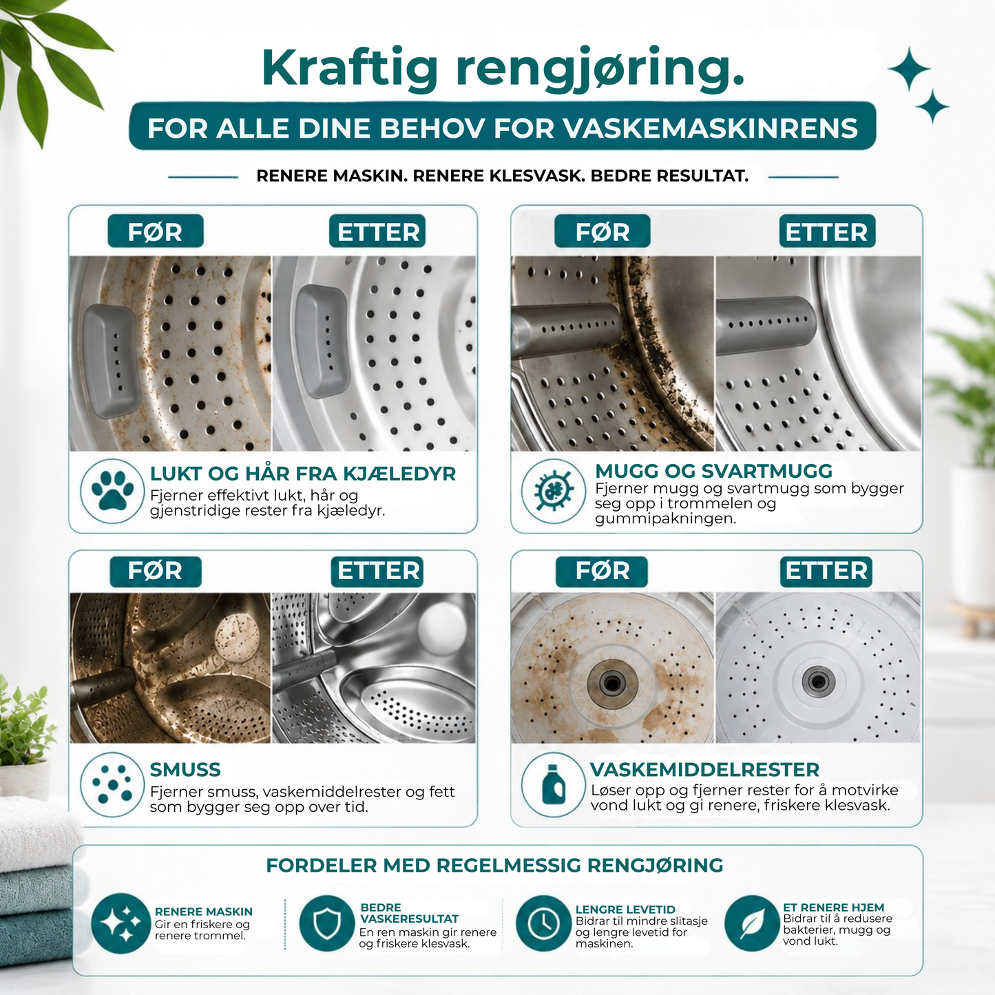 WashPure™ | Rengjøringstabletter mot lukt og dyrehår